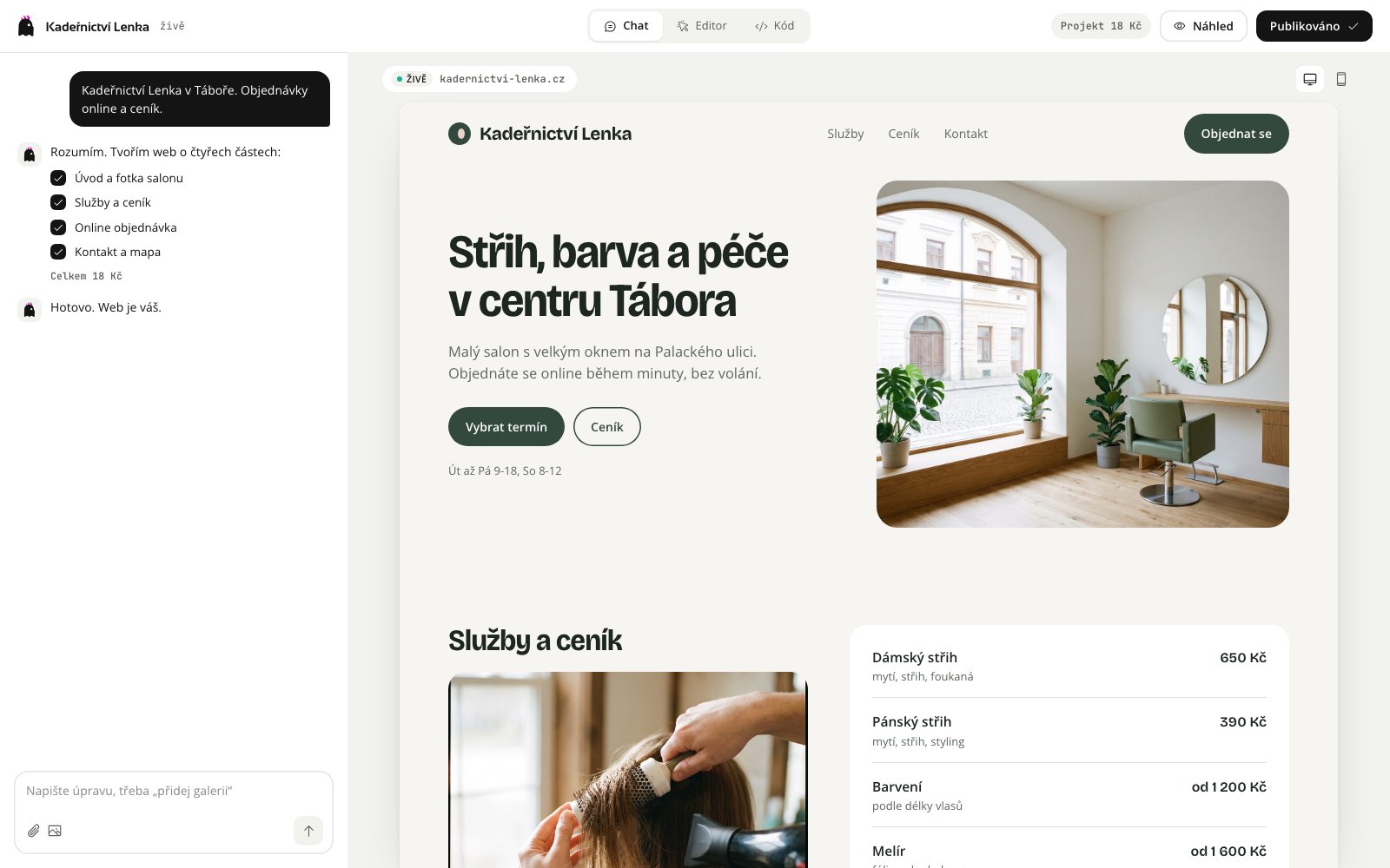 Galosite editor: chat on the left, hair salon website preview on the right